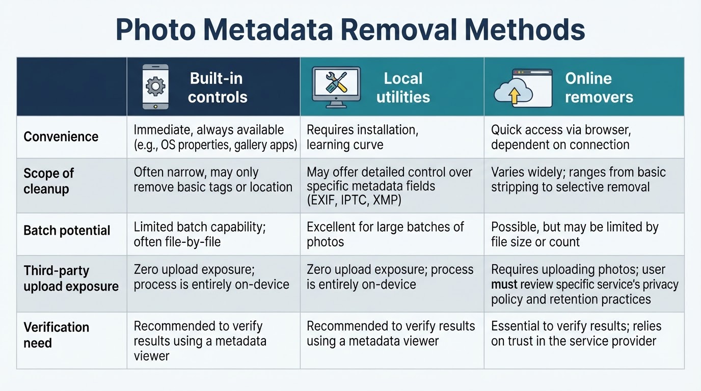 Comparison of built-in controls, local utilities, and online removers for convenience, cleanup scope, upload exposure, and verification