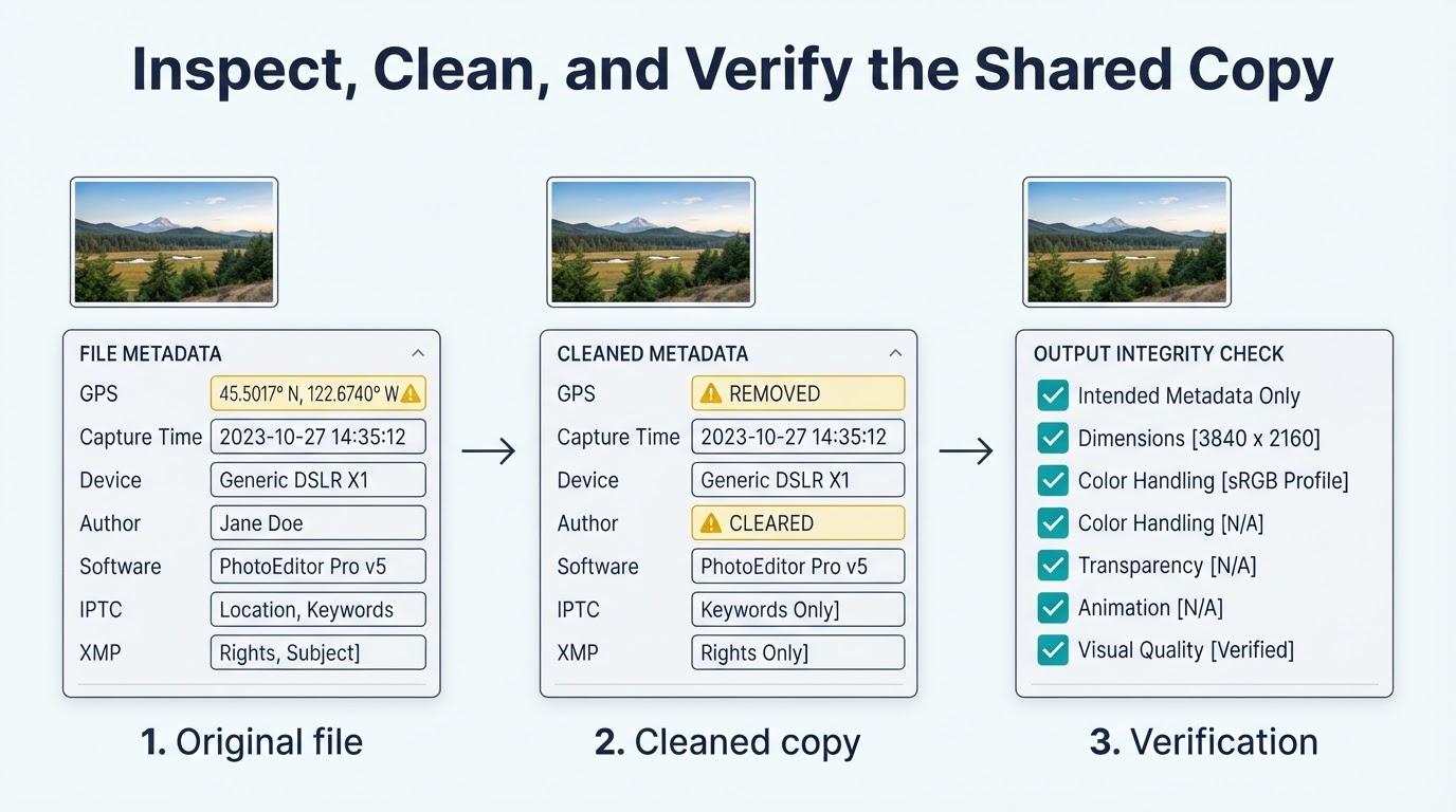 Three-panel illustration showing metadata inspection of an original photo, cleaning a separate copy, and verifying the output file