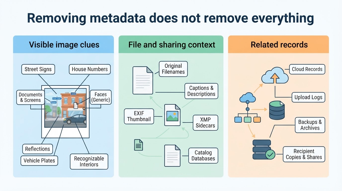 Privacy infographic showing visible clues, file context, and external records that may remain after photo metadata is removed