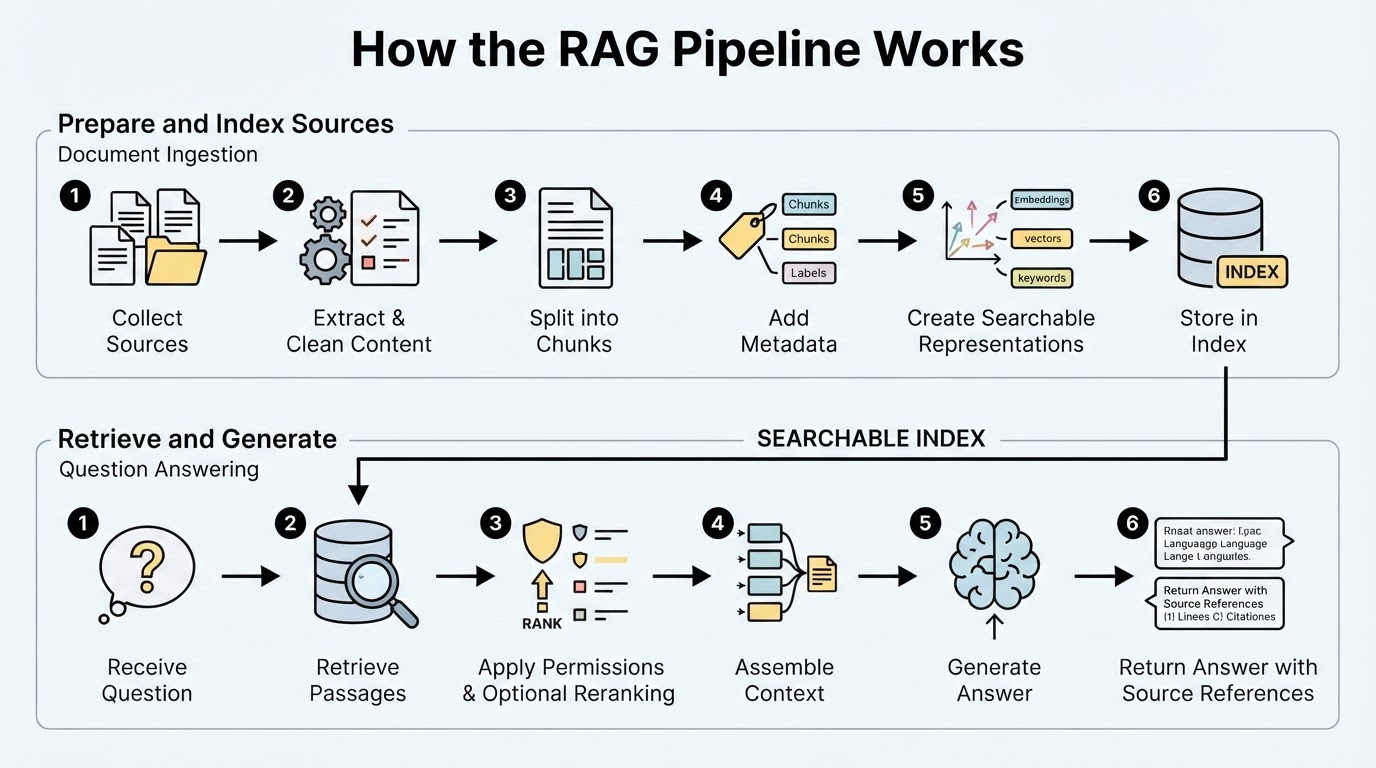 Two-part RAG pipeline diagram showing document ingestion and indexing followed by retrieval, context assembly, answer generation, and source references.