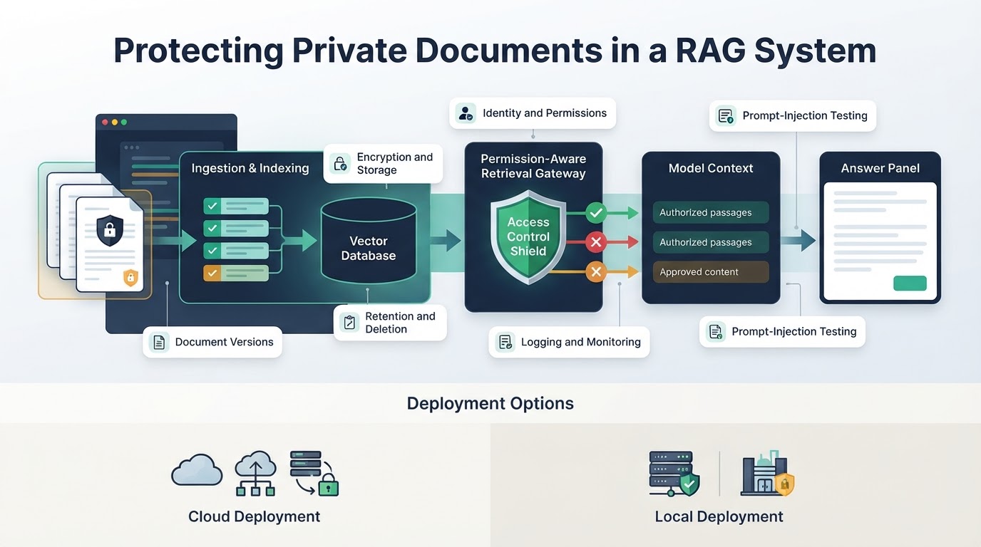 Security architecture illustration showing permission-aware retrieval protecting private documents before approved content reaches an AI model.
