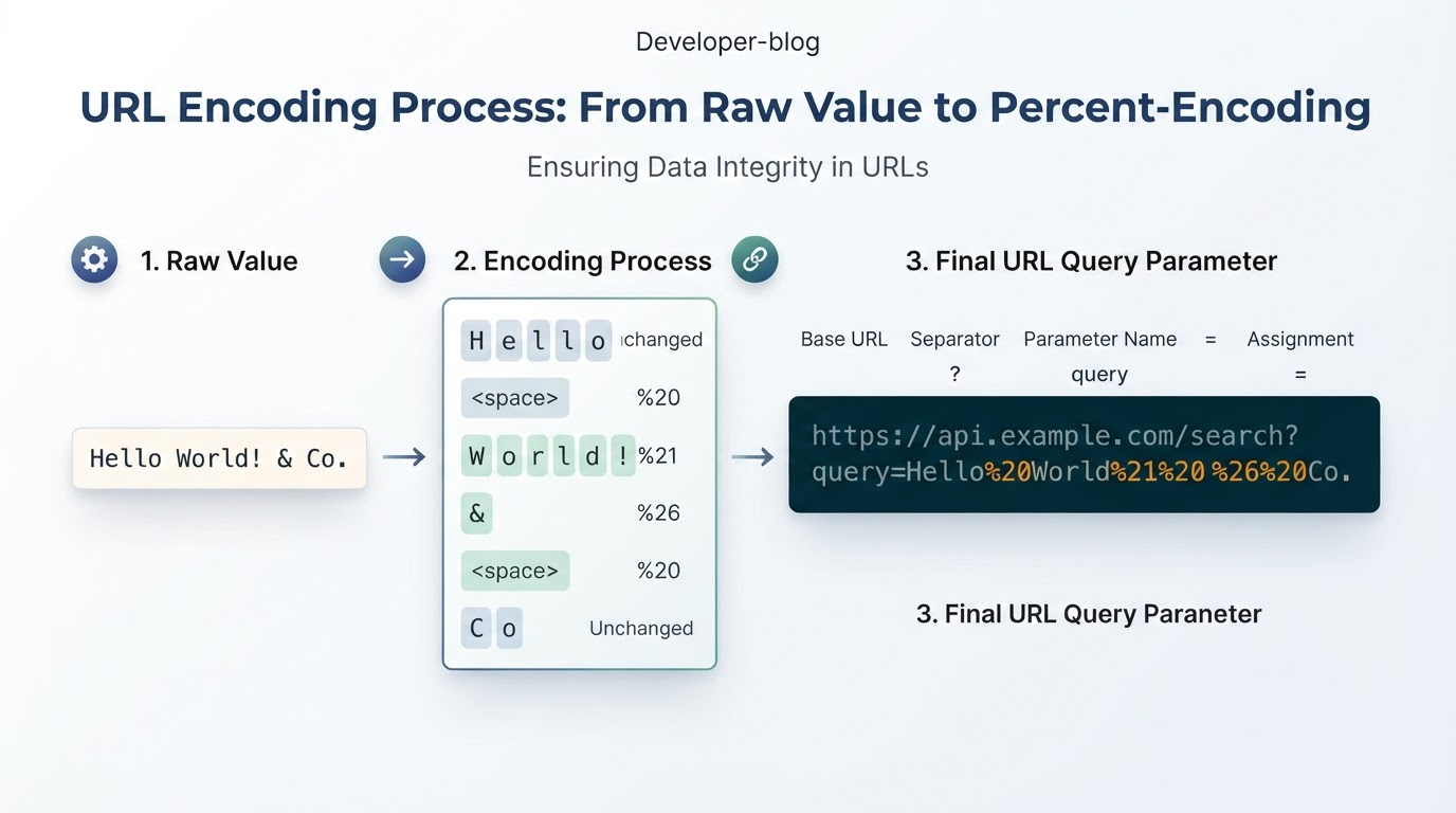 Diagram showing the query value red and blue converted to red%20%26%20blue while the URL structure remains unchanged