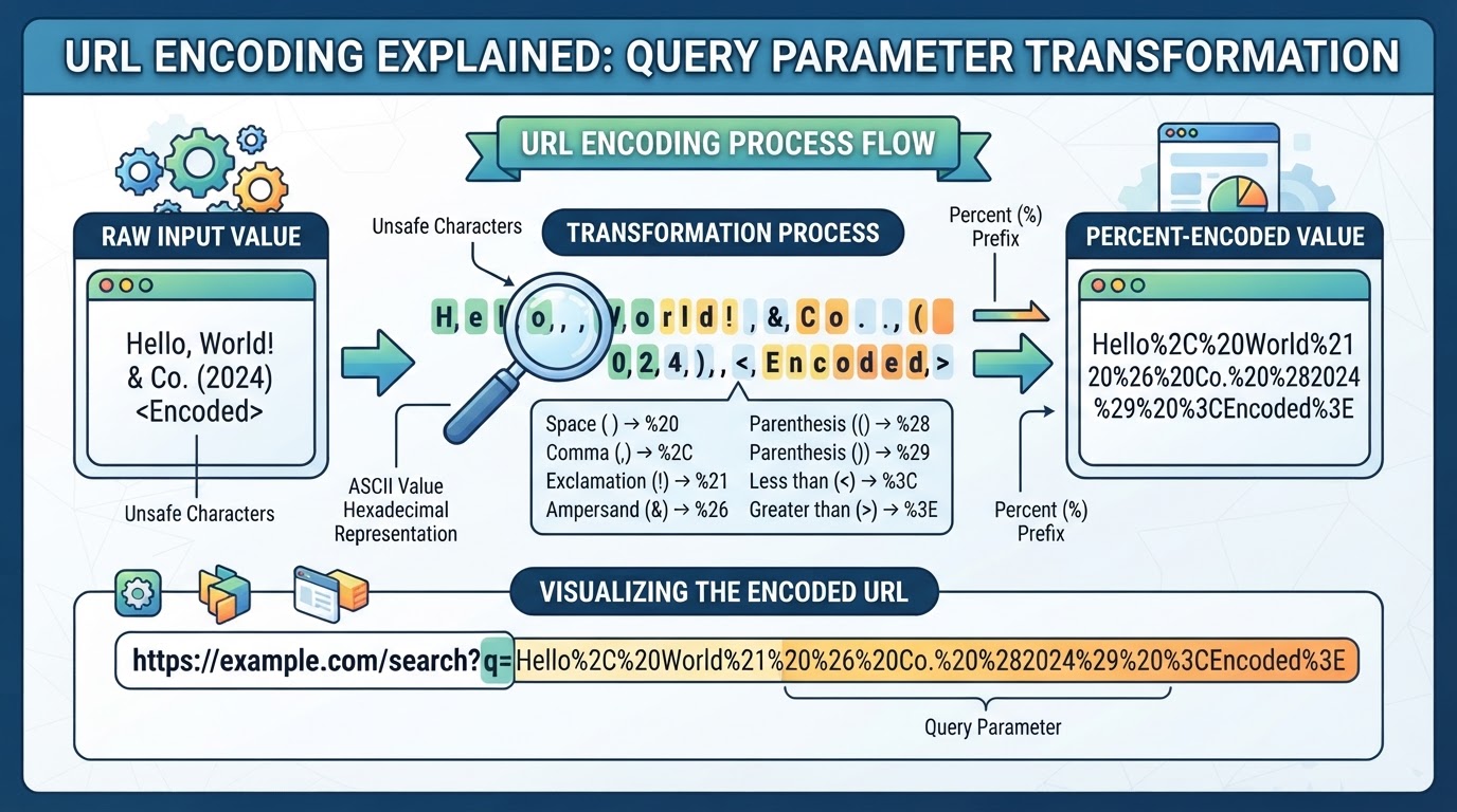 Five-step workflow for identifying a URL component, encoding its value, assembling the URL, and testing with non-sensitive data