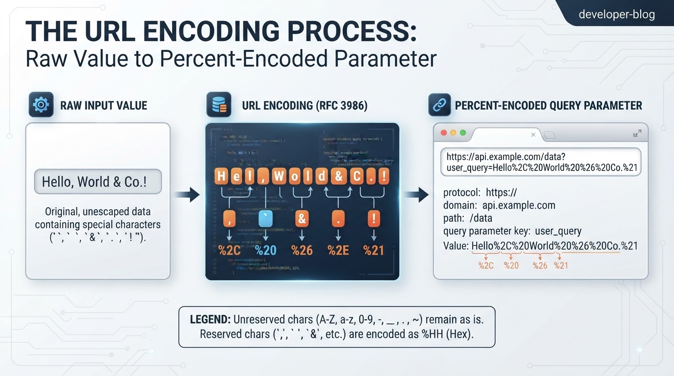 Code reference comparing encodeURIComponent, URLSearchParams, URL, and decodeURIComponent for common URL tasks