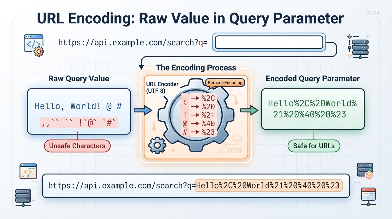Infographic showing a space becoming %20 and then %2520 through double-encoding, alongside limits of URL encoding