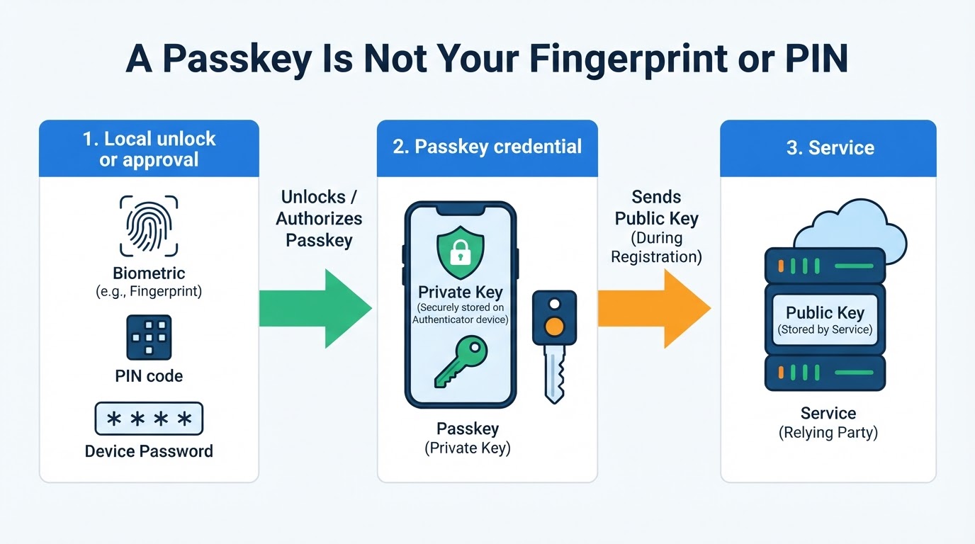 Diagram showing that a PIN or biometric unlocks a passkey while the service stores the public key