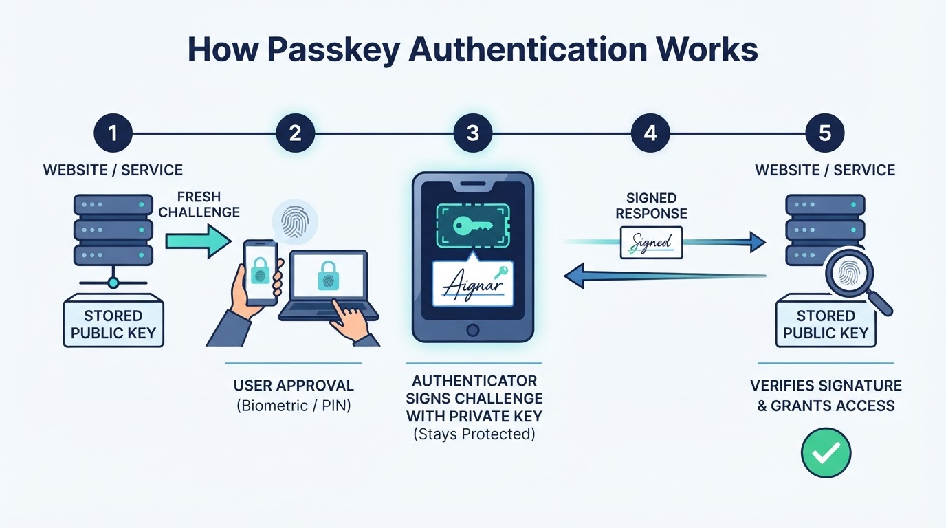Five-step diagram showing a service challenge, local approval, private-key signing, and public-key verification