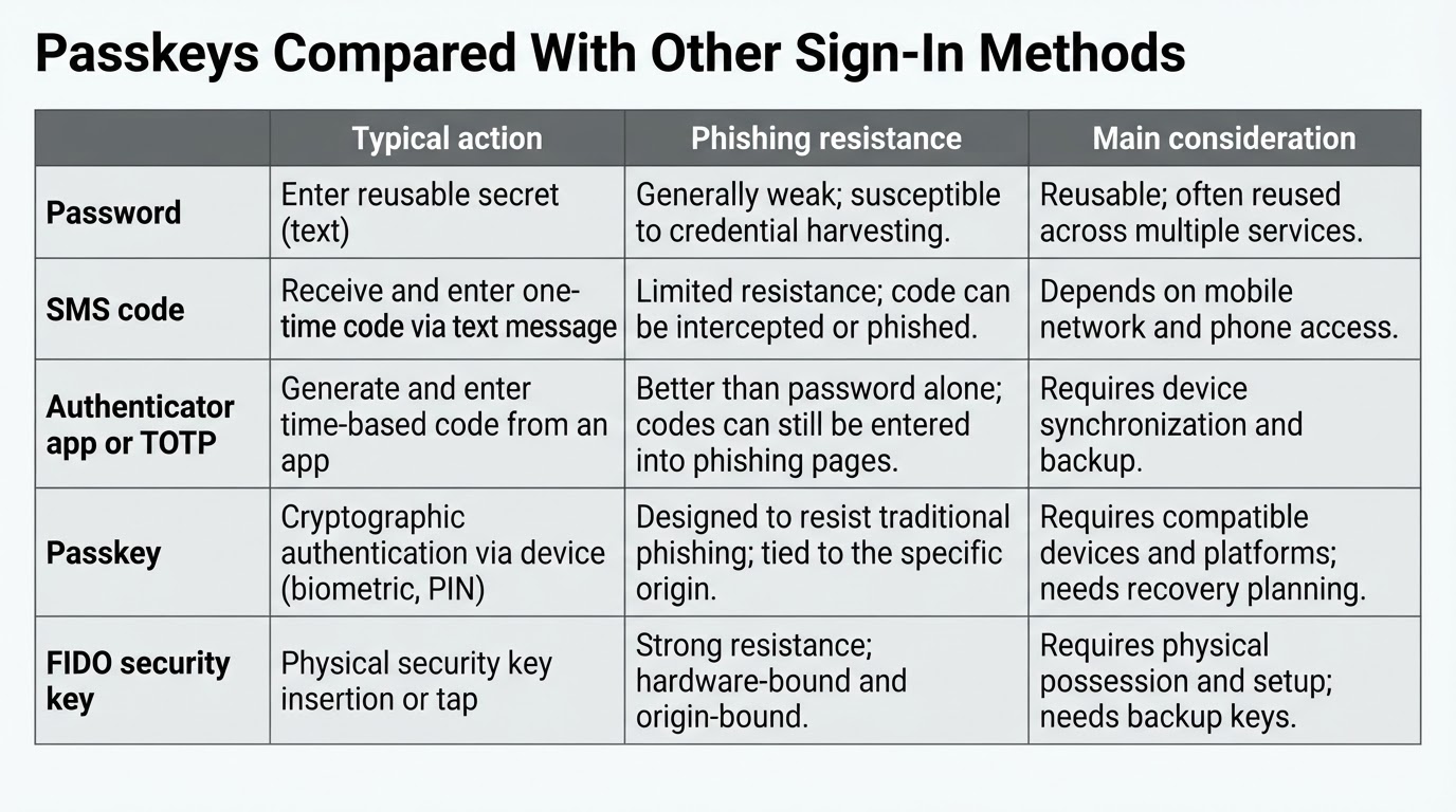 Comparison chart of passwords, SMS codes, authenticator apps, passkeys, and FIDO security keys