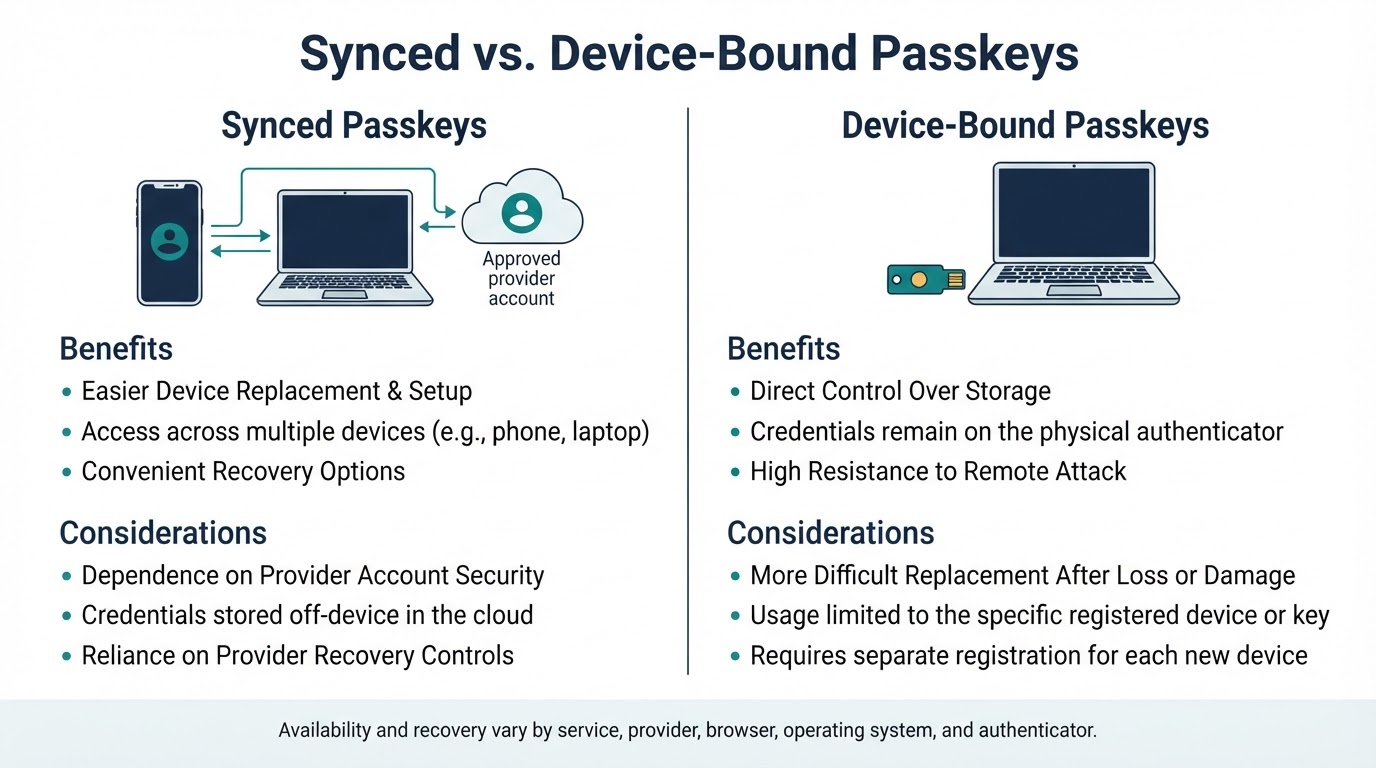 Side-by-side comparison of synced passkeys and device-bound passkeys