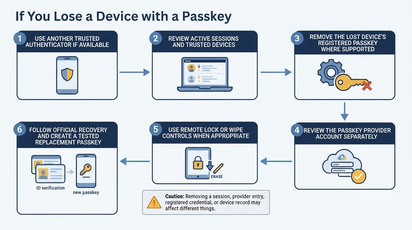 Flowchart showing recovery steps after losing a device with a passkey