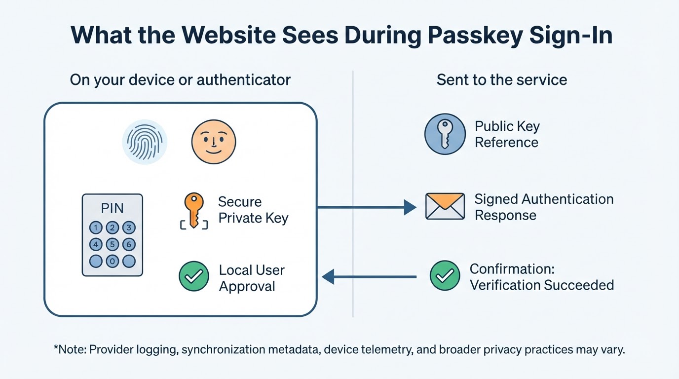 Privacy diagram showing local biometric processing and private-key protection separated from the authentication result sent to a website