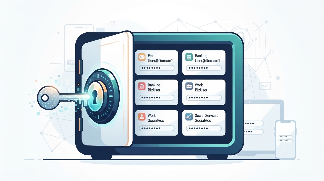 Illustration of a password manager vault storing multiple account credentials behind one primary unlock credential