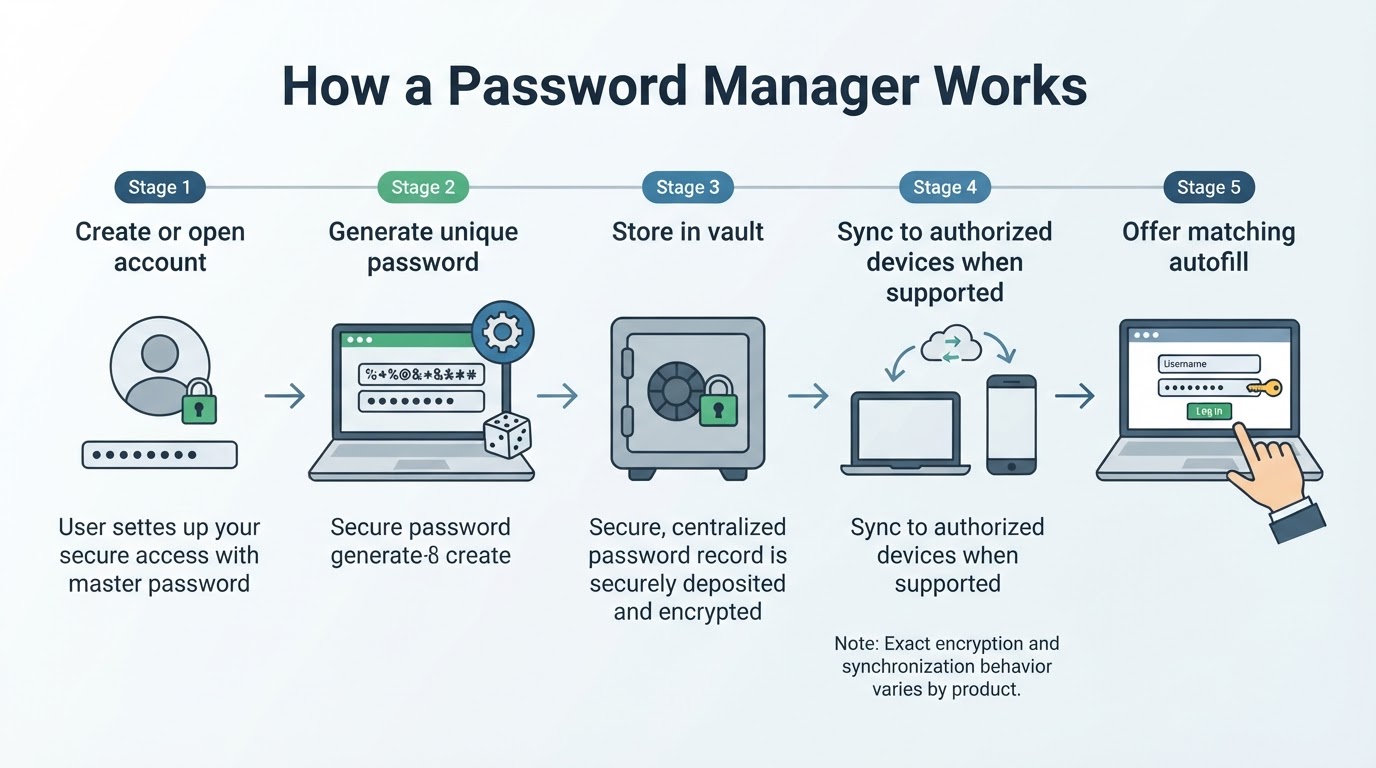Diagram showing how a password manager generates, stores, synchronizes, and autofills credentials