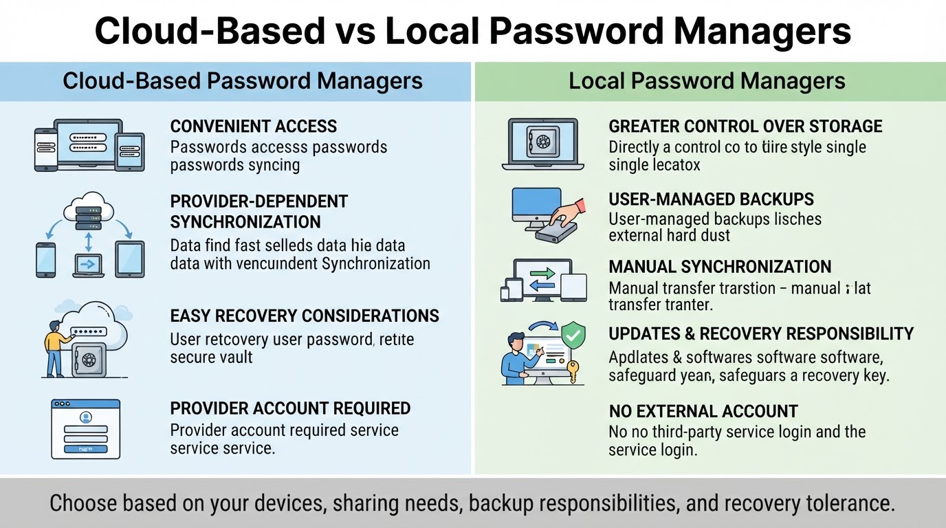 Comparison of cloud-based and local password managers, including convenience and backup responsibilities