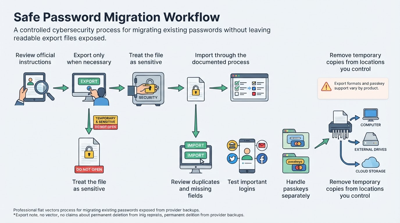 Workflow for exporting, importing, checking, and safely removing temporary password migration files