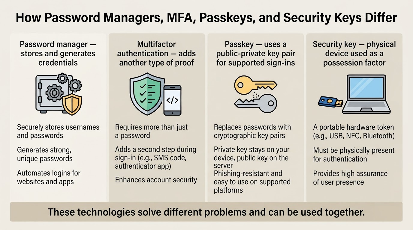 Infographic comparing the roles of password managers, multifactor authentication, passkeys, and security keys