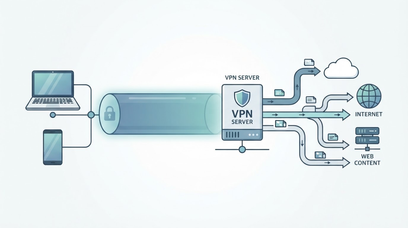 Diagram-style illustration of devices connecting to the internet through a VPN server and protected tunnel