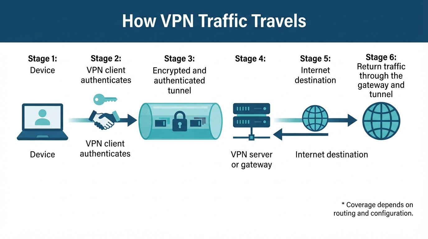 Process diagram showing a device authenticating with a VPN server, sending selected traffic through a tunnel, and receiving return traffic