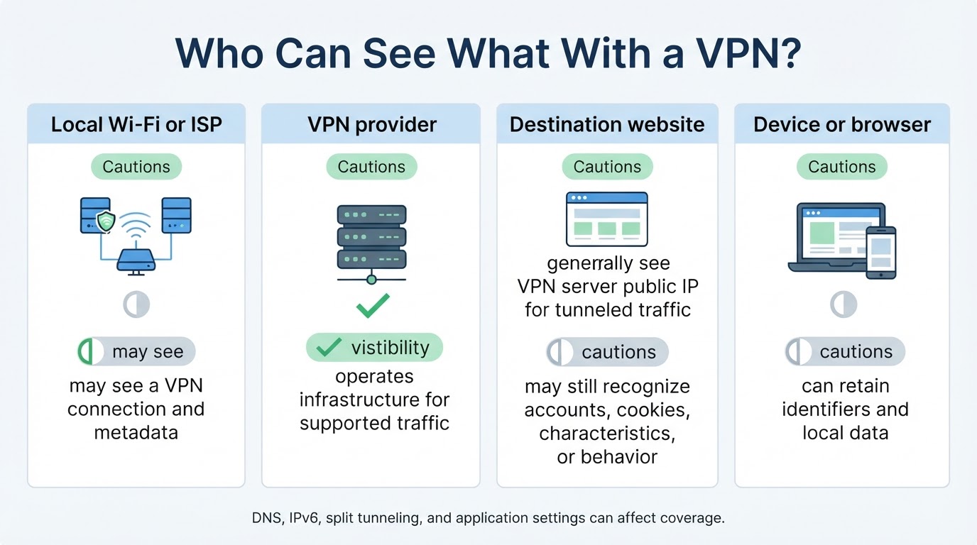 Infographic comparing what the local network, VPN provider, destination website, and device may see when a VPN is in use