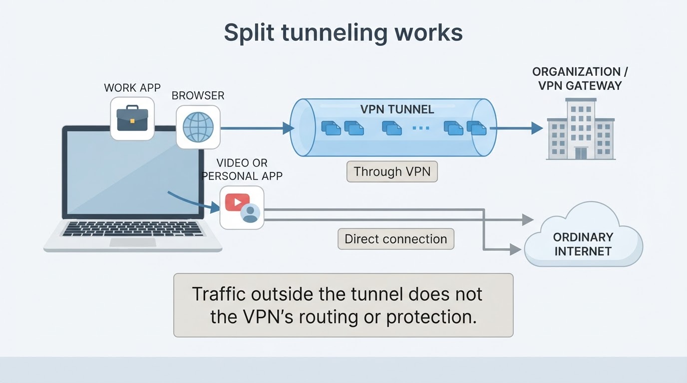 Diagram showing selected application traffic routed through a VPN while other traffic uses the ordinary internet
