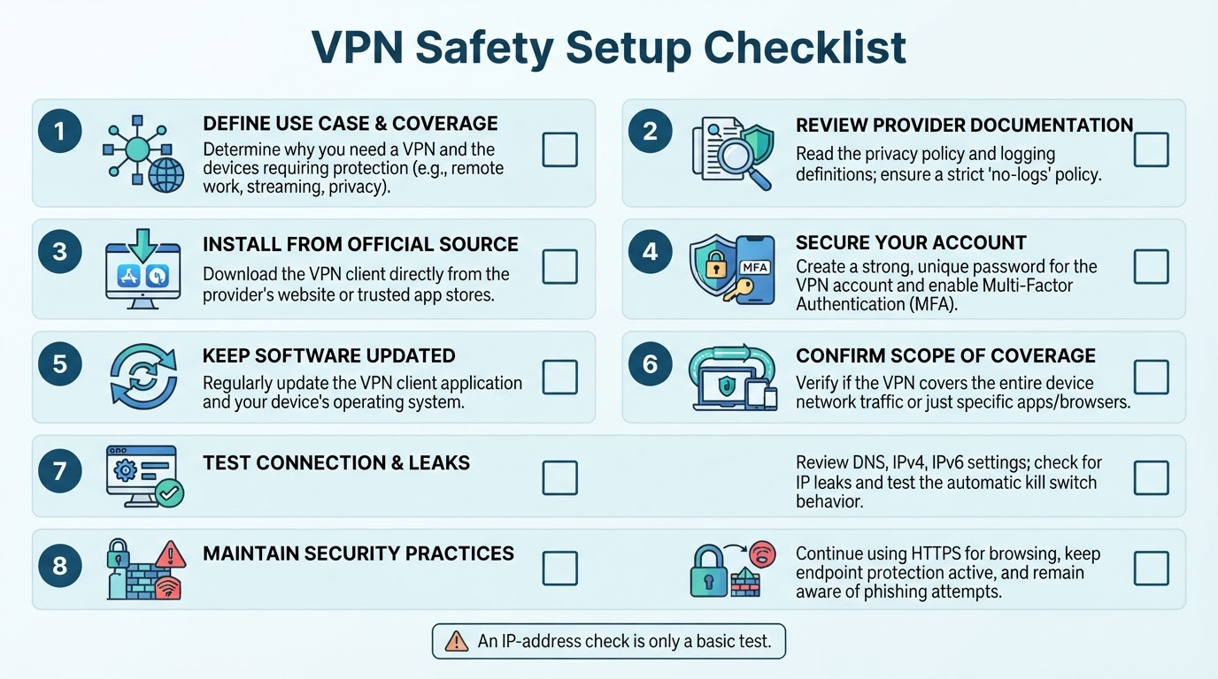 Step-by-step checklist for choosing, installing, configuring, and safely using a VPN