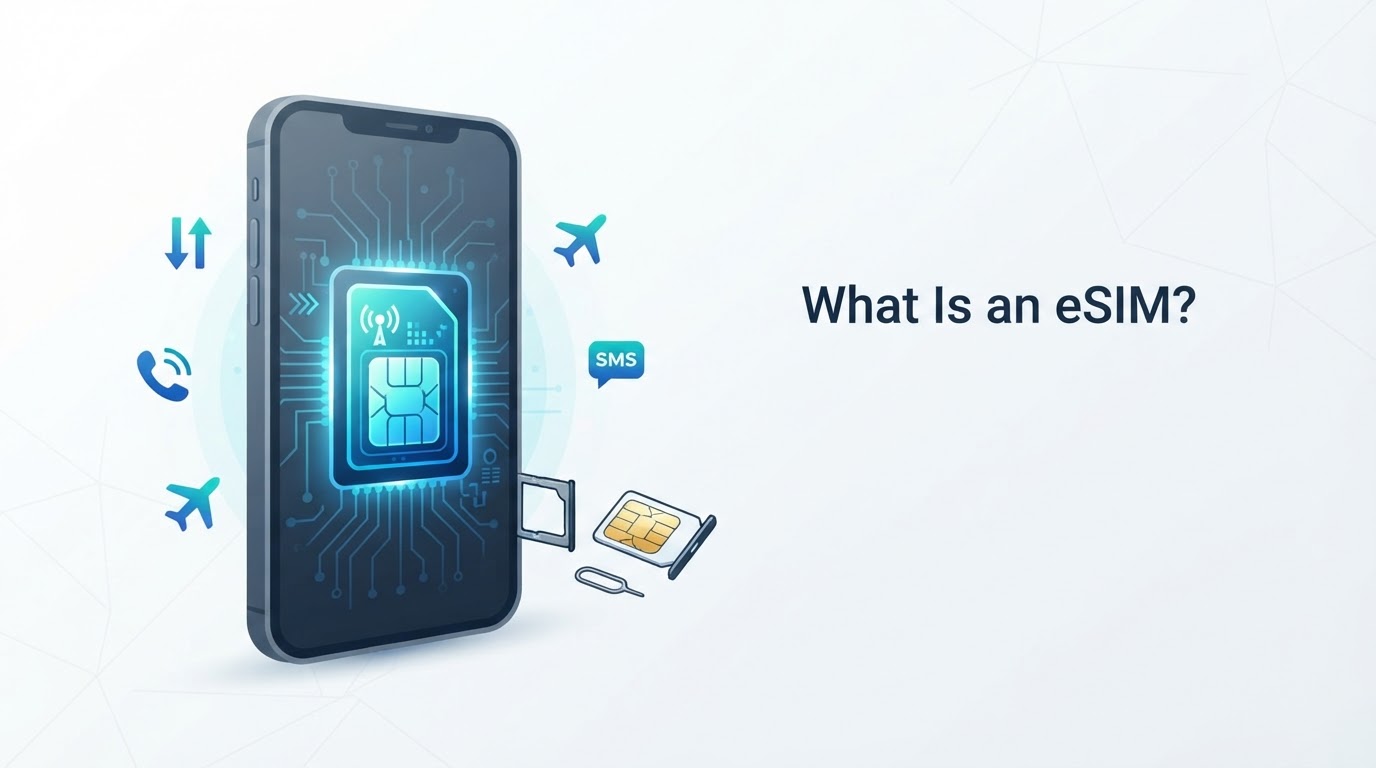 Illustration comparing an embedded digital eSIM profile inside a smartphone with a removable physical SIM card
