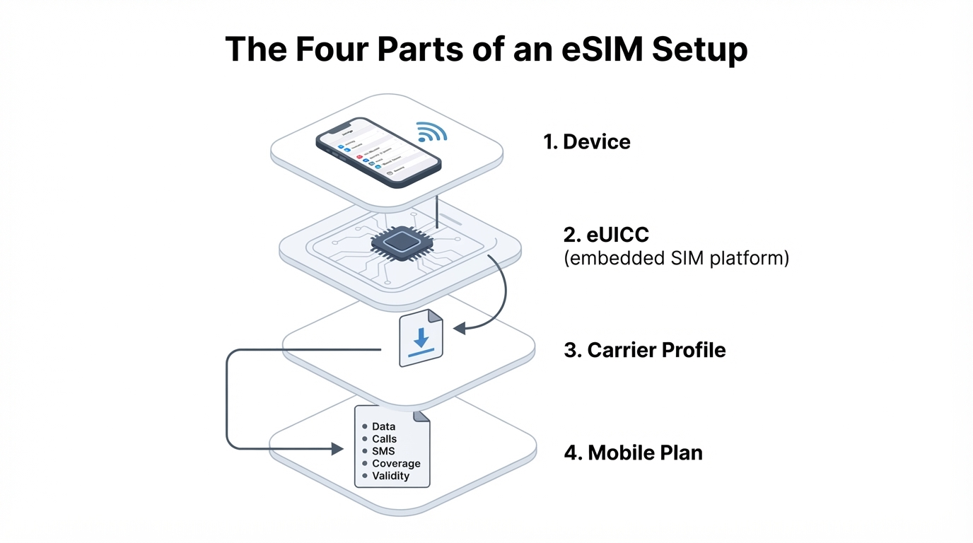 Diagram showing the separate roles of a device, embedded SIM platform, carrier profile, and mobile plan