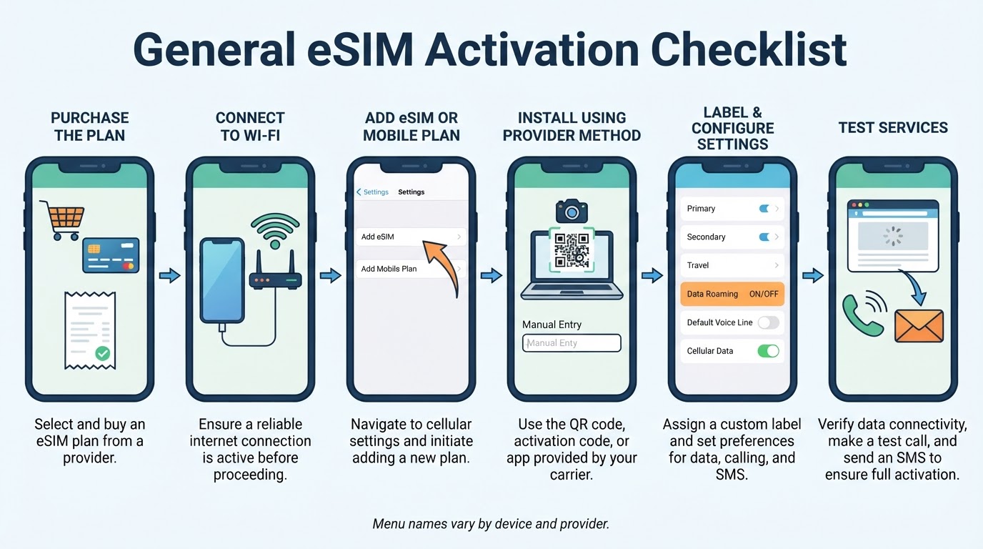 Step-by-step checklist for activating an eSIM, including installation, line configuration, and service testing