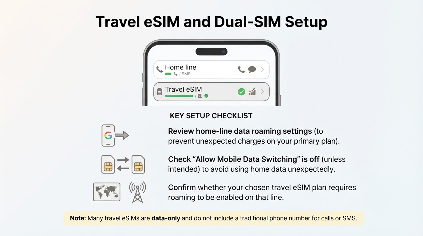 Infographic showing a home line and travel eSIM with travel data selected and roaming settings reviewed