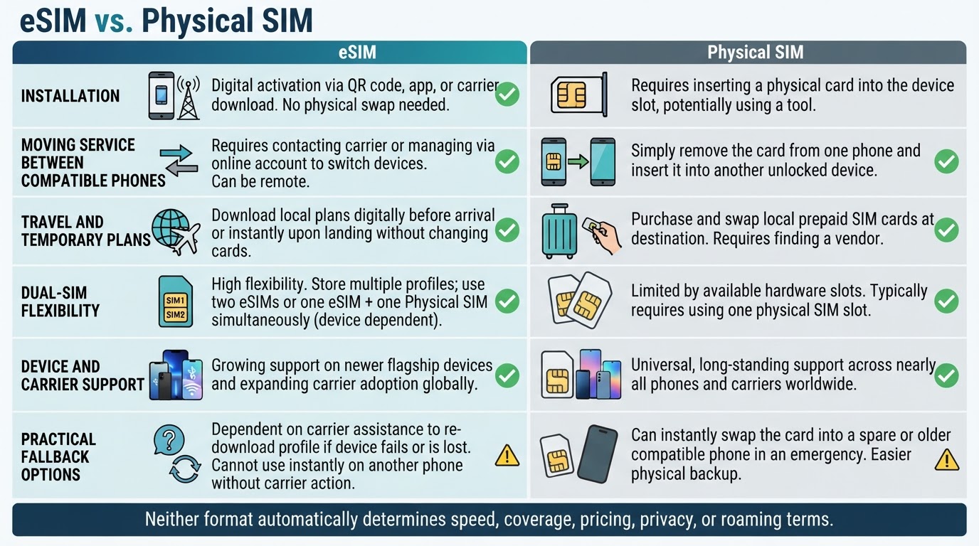 Comparison table outlining practical differences between eSIMs and physical SIM cards