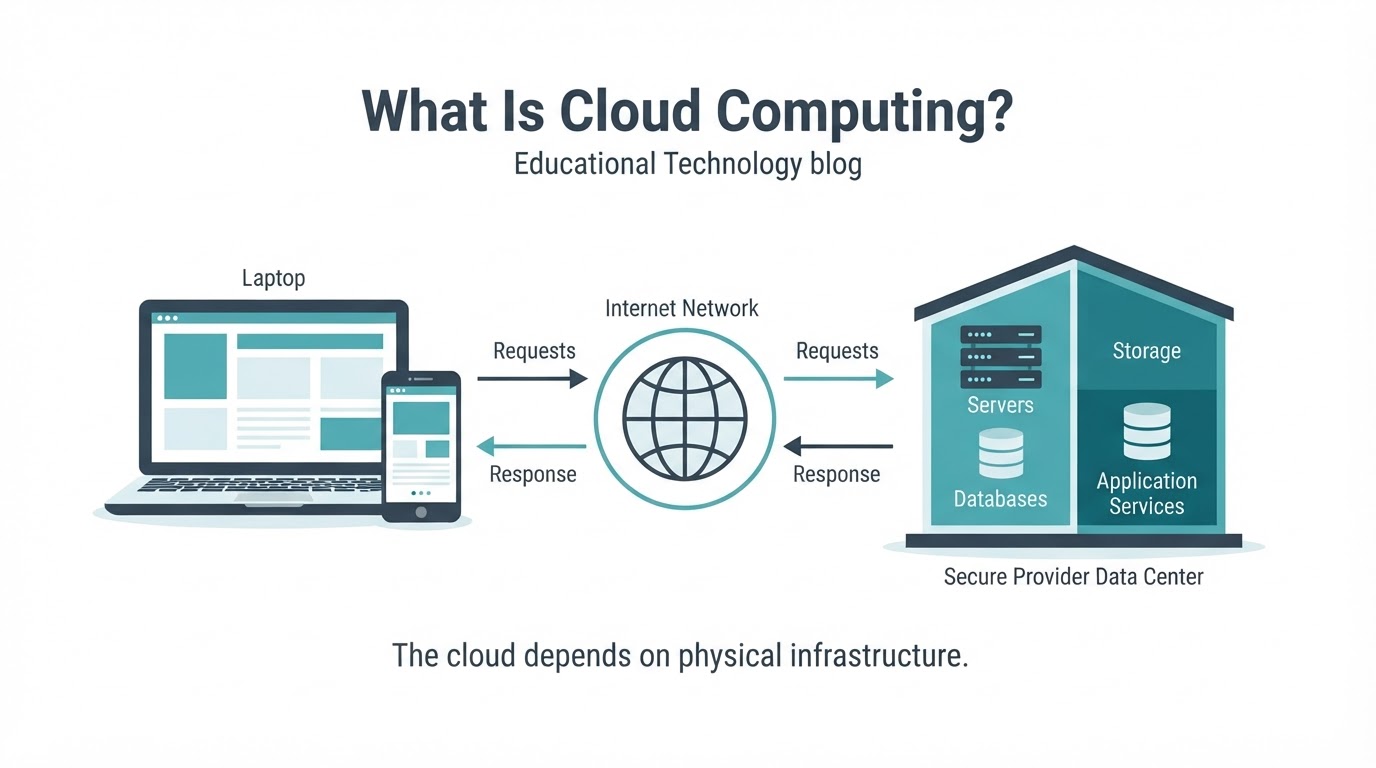Laptop and smartphone connecting through a network to remote cloud servers, storage, databases, and applications