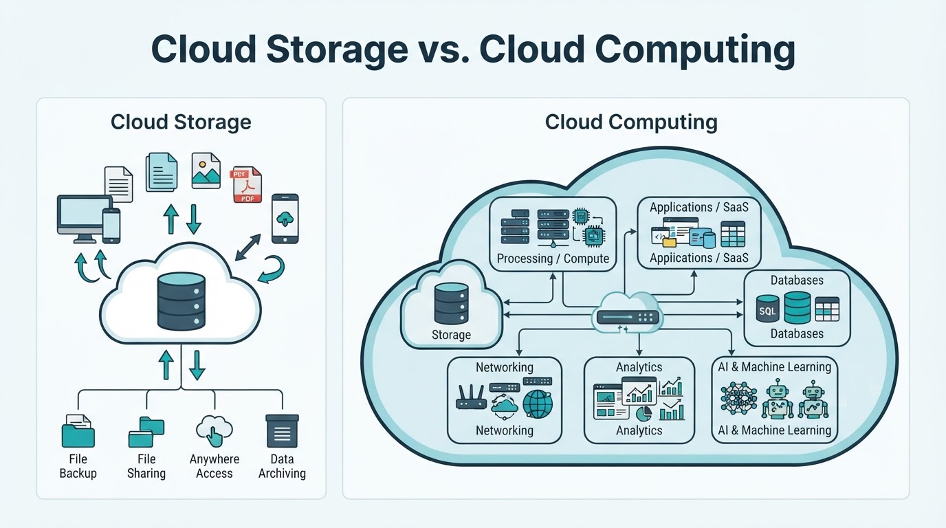 Comparison showing cloud storage as file storage and synchronization, and cloud computing as a broader set of computing services