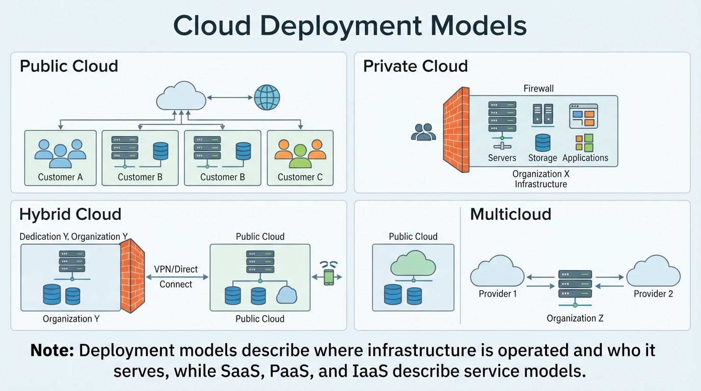 Four-panel comparison of public, private, hybrid, and multicloud deployment models