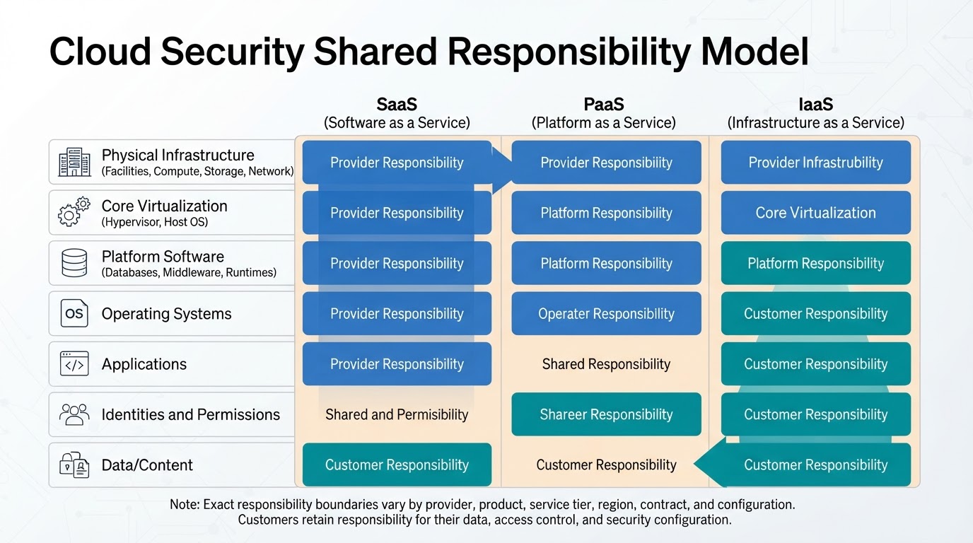 Shared responsibility matrix showing how provider and customer security duties differ across SaaS, PaaS, and IaaS