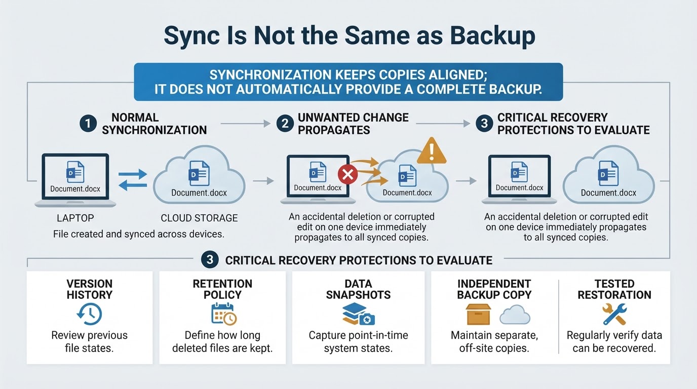 Diagram showing how synchronization can spread a deletion and how version history, retention, backups, and restoration support recovery