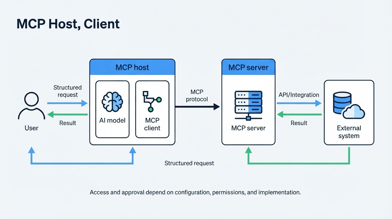 MCP architecture diagram showing a user interacting with a host and model, an MCP client connecting to an MCP server, and the server reaching an external system.
