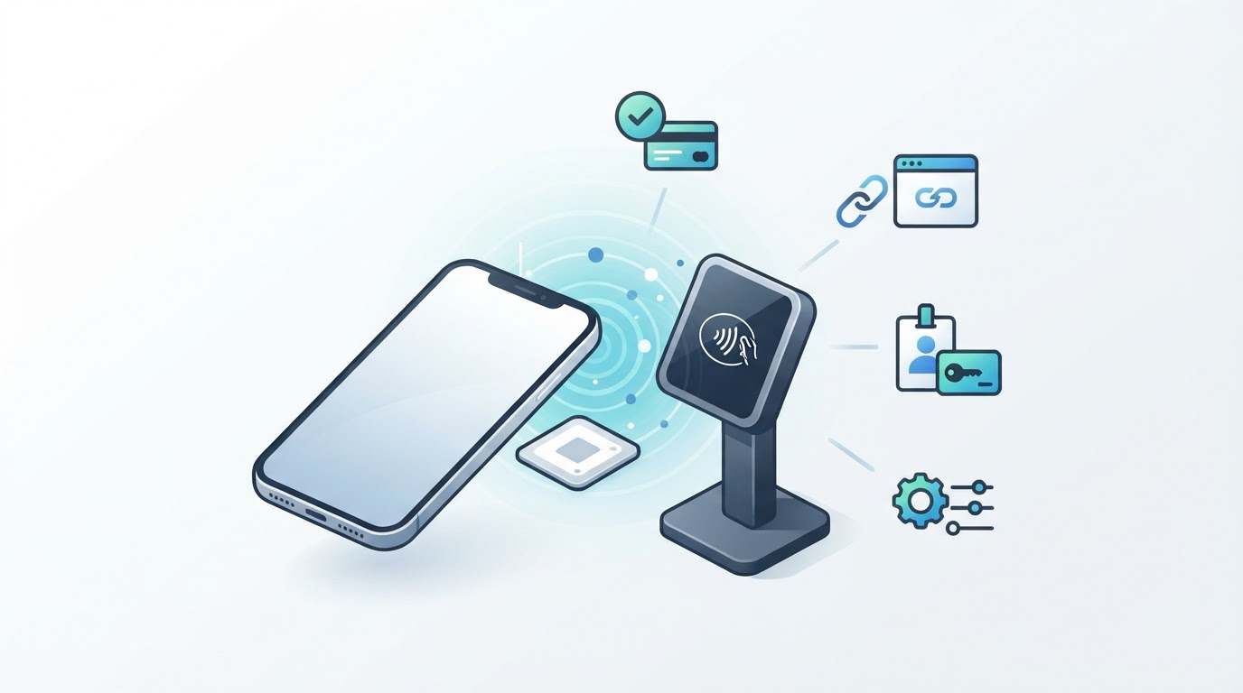 Illustration of a smartphone tapping an NFC tag and reader to trigger payments, links, access, or automation.