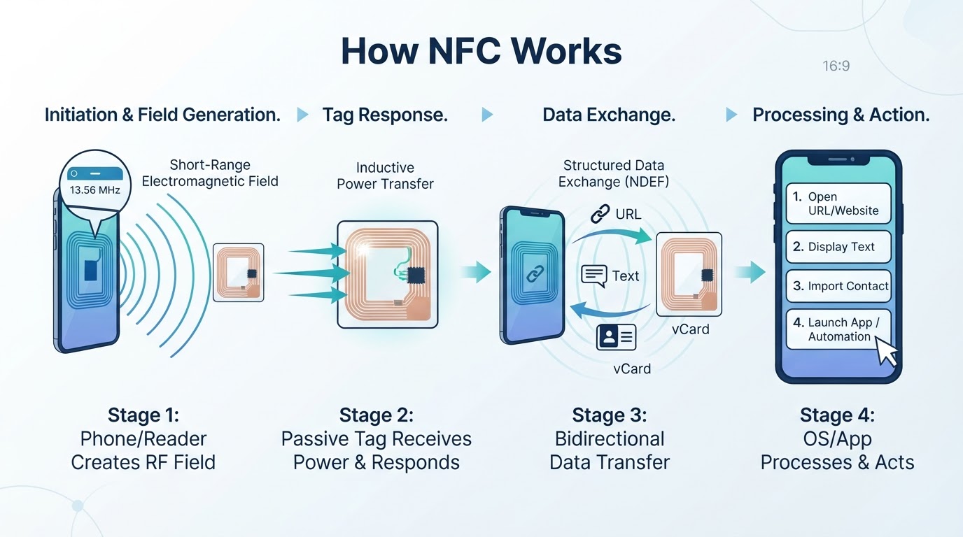 Diagram showing a powered NFC reader or phone creating a field, a passive tag responding, data being exchanged, and an app processing the result.