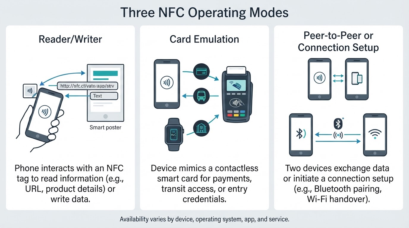 Three-panel infographic explaining NFC reader-writer, card emulation, and peer-to-peer or connection setup modes.