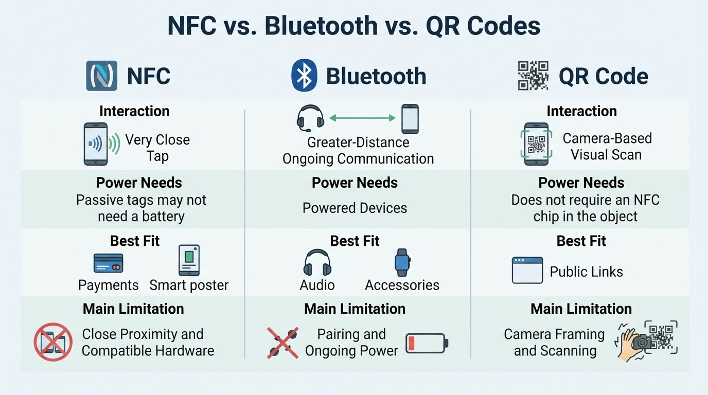 Comparison of NFC, Bluetooth, and QR codes by interaction method, power needs, use cases, and limitations.