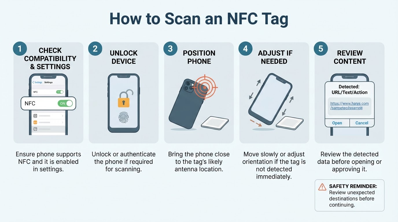 Five steps for scanning an NFC tag: check support, unlock if needed, hold the phone close, adjust position, and review the detected content.