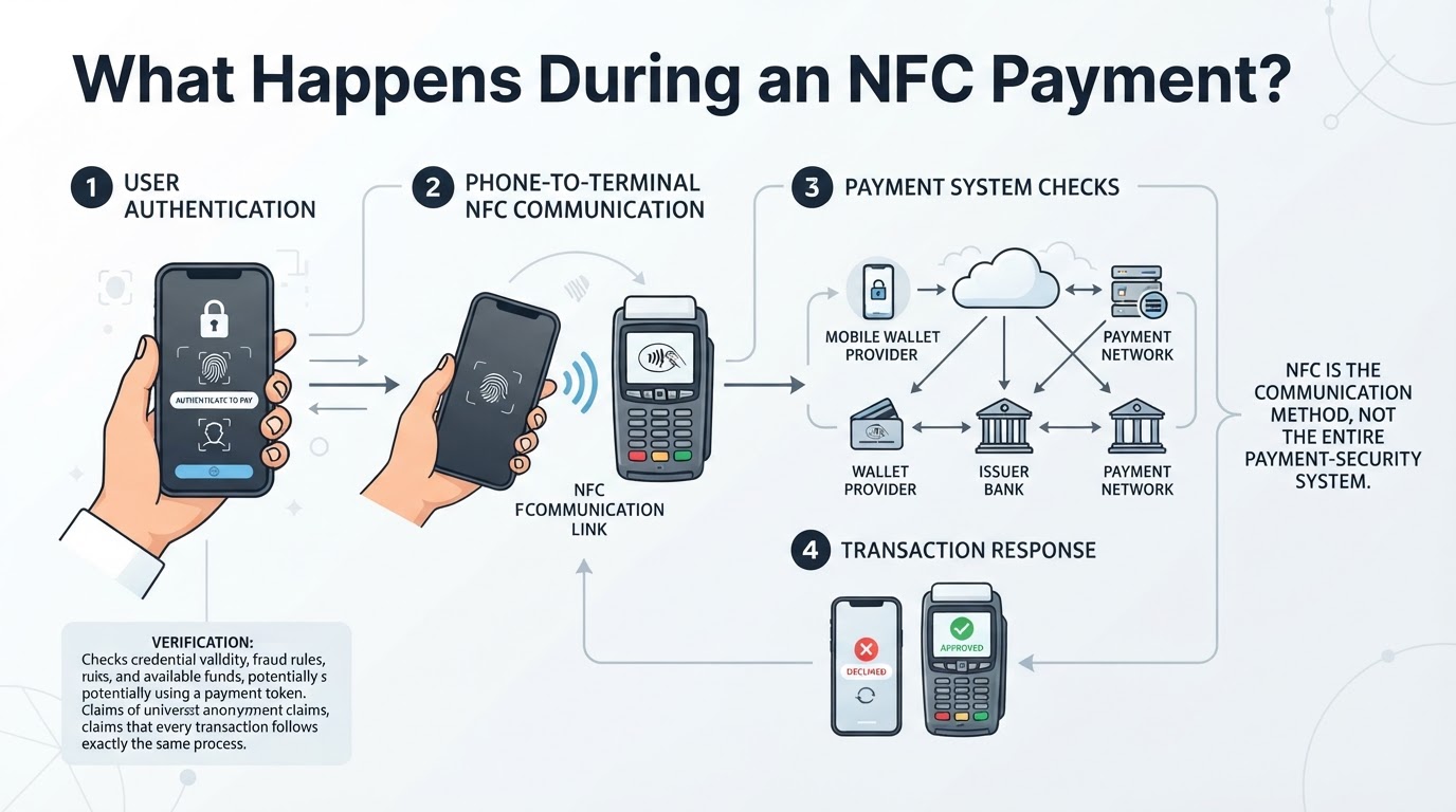 High-level diagram of an NFC payment showing authentication, phone-to-terminal communication, payment-system checks, and approval or decline.