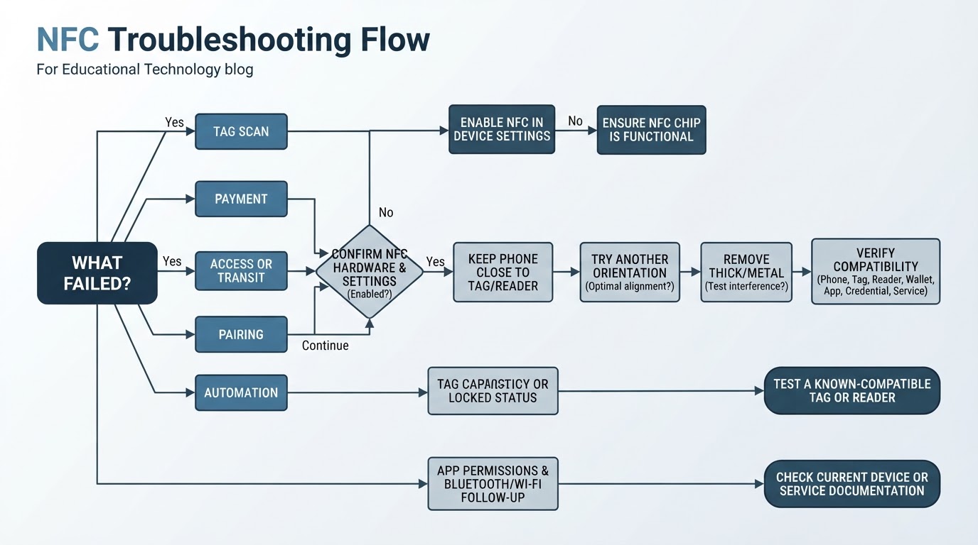 NFC troubleshooting flowchart covering support, positioning, case interference, compatibility, tag or reader condition, and app or service settings.
